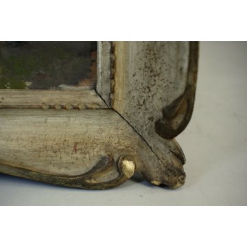 ANTICO QUADRO DIPINTO OLIO TAVOLA SCENA di GENERE VECCHIO TAGLIALEGNA CORTILE 