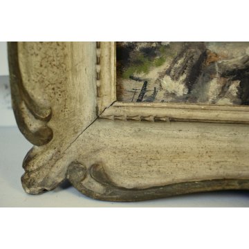 ANTICO QUADRO DIPINTO OLIO TAVOLA SCENA di GENERE VECCHIO TAGLIALEGNA CORTILE 