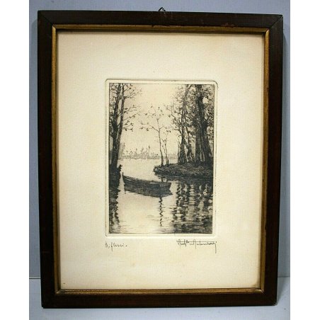 ANTICA STAMPA LITOGRAFIA "Riflessi" FIRMATA PAESAGGIO LAGUNA LAGO BARCA '900