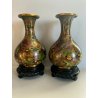 CLOISONNE COPPIA 2 VASI ORIENTALI CINESI DIPINTI IN OTTONE SMALTO FIORI VINTAGE 