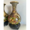 CLOISONNE COPPIA 2 VASI ORIENTALI CINESI DIPINTI IN OTTONE SMALTO FIORI VINTAGE 