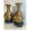 CLOISONNE COPPIA 2 VASI ORIENTALI CINESI DIPINTI IN OTTONE SMALTO FIORI VINTAGE 