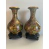 CLOISONNE COPPIA 2 VASI ORIENTALI CINESI DIPINTI IN OTTONE SMALTO FIORI VINTAGE 