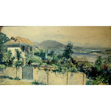 QUADRO ACQUERELLO PAESAGGIO VEDUTA MASSINO VISCONTI SCORCIO VILLA LAGO MAGGIORE