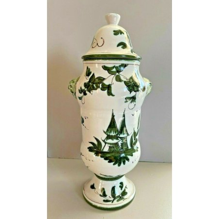 ANTICO VASO ALBARELLO IN CERAMICA DI ALBISOLA MGA DIPINTO A MANO DONNA PAESAGGIO