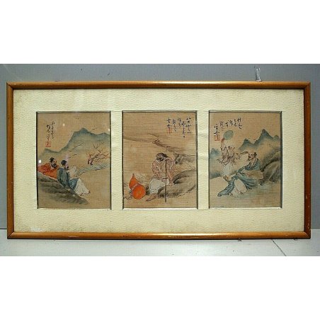 ANTICO TRITTICO VINTAGE ARTE CINESE DIPINTO FIGURE SFONDO PAESAGGIO POESIA