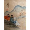 ANTICO TRITTICO VINTAGE ARTE CINESE DIPINTO FIGURE SFONDO PAESAGGIO POESIA