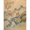 ANTICO TRITTICO VINTAGE ARTE CINESE DIPINTO FIGURE SFONDO PAESAGGIO POESIA