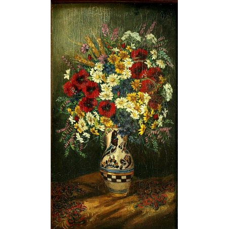 ANTICO DIPINTO OLIO TAVOLA NATURA MORTA BOUQUET FIORI VASO PAPAVERI SPIGHE '900