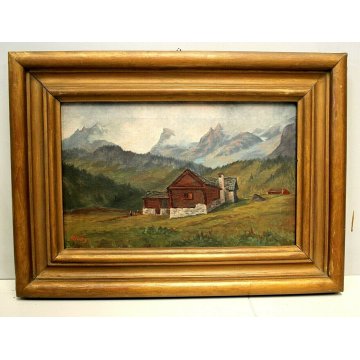 ANTICO QUADRO OLIO TELA Renatti Nino PAESAGGIO MONTANO  BAITA ALPE Devero '900