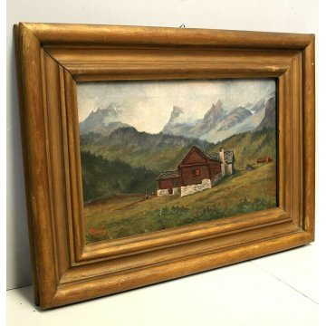 ANTICO QUADRO OLIO TELA Renatti Nino PAESAGGIO MONTANO  BAITA ALPE Devero '900