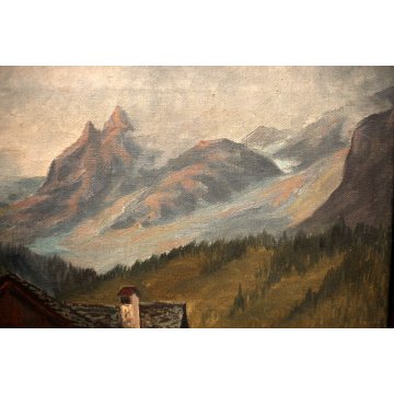 ANTICO QUADRO OLIO TELA Renatti Nino PAESAGGIO MONTANO  BAITA ALPE Devero '900
