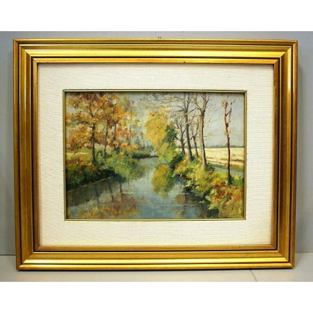 QUADRO DIPINTO OLIO TAVOLA Mario Pavesi PAESAGGIO CAMPAGNA CANALE NOVARA '900