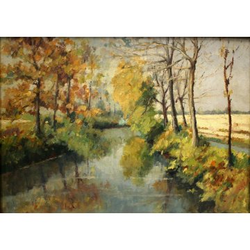 QUADRO DIPINTO OLIO TAVOLA Mario Pavesi PAESAGGIO CAMPAGNA CANALE NOVARA '900