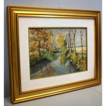 QUADRO DIPINTO OLIO TAVOLA Mario Pavesi PAESAGGIO CAMPAGNA CANALE NOVARA '900