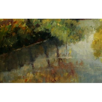 QUADRO DIPINTO OLIO TAVOLA Mario Pavesi PAESAGGIO CAMPAGNA CANALE NOVARA '900