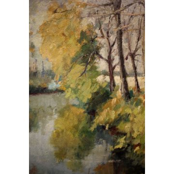 QUADRO DIPINTO OLIO TAVOLA Mario Pavesi PAESAGGIO CAMPAGNA CANALE NOVARA '900