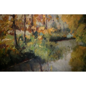 QUADRO DIPINTO OLIO TAVOLA Mario Pavesi PAESAGGIO CAMPAGNA CANALE NOVARA '900