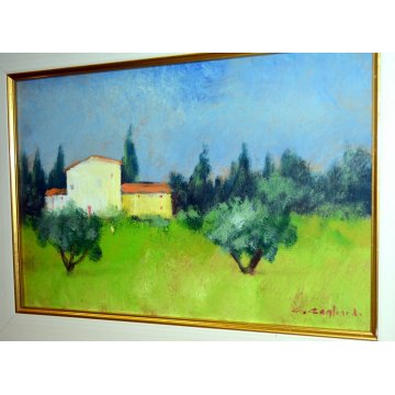 ANTICO QUADRO OLIO CARTONE G Gagliardi PAESAGGIO TOSCANO CASALE PRATO ULIVI CASE