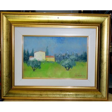 ANTICO QUADRO OLIO CARTONE G Gagliardi PAESAGGIO TOSCANO CASALE PRATO ULIVI CASE