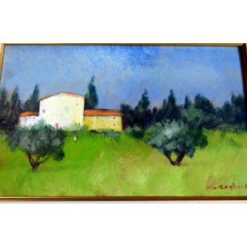 ANTICO QUADRO OLIO CARTONE G Gagliardi PAESAGGIO TOSCANO CASALE PRATO ULIVI CASE