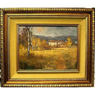 QUADRO OLIO TAVOLA Augusto Serasi PAESAGGIO CAMPAGNA BOSCO SELVA CAMPI FIENILE  