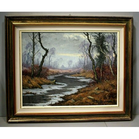 QUADRO OLIO I. De Regibus PAESAGGIO INVERNALE NEVE FIUME BRUGHIERA LOMBARDIA '81