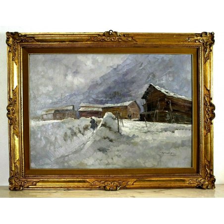 GRANDE QUADRO OLIO C. Gheduzzi PAESAGGIO MONTANO ALPEGGIO BAITE NEVE MACUGNAGA