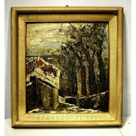 ANTICO QUADRO OLIO Ippolito Della Giovanna Prima Neve PAESAGGIO BOSCO BIELLA '48