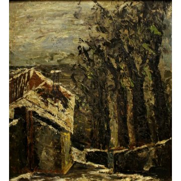 ANTICO QUADRO OLIO Ippolito Della Giovanna Prima Neve PAESAGGIO BOSCO BIELLA '48