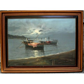 ANTICO GRANDE QUADRO OLIO TELA M. Galanti MARINA ALBA NAPOLI PESCATORI BARCHE 