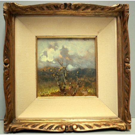 ANTICO DIPINTO OLIO Lorenzo Gignous PAESAGGIO CAMPAGNA CONTADINO BOSCO FASCINAIA