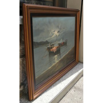 ANTICO GRANDE QUADRO OLIO TELA M. Galanti MARINA ALBA NAPOLI PESCATORI BARCHE 