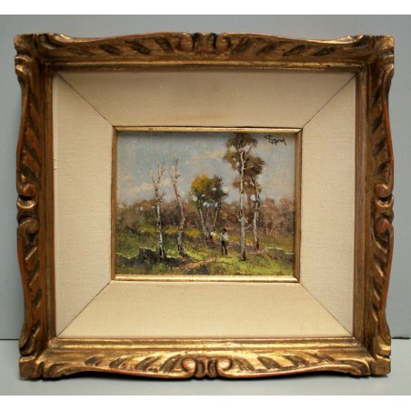 ANTICO DIPINTO OLIO Lorenzo Gignous PAESAGGIO CAMPAGNA CONTADINO SELVA 1800