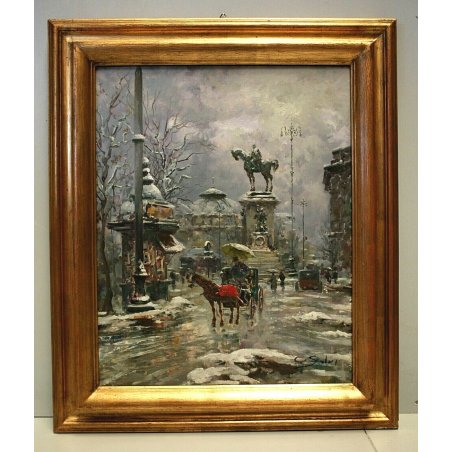 ANTICO QUADRO OLIO Tavola G. Salvi VECCHIA MILANO Gribaldi NEVE CARROZZA EDICOLA