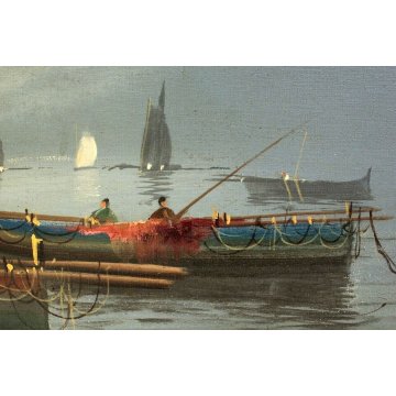 ANTICO GRANDE QUADRO OLIO TELA M. Galanti MARINA ALBA NAPOLI PESCATORI BARCHE 