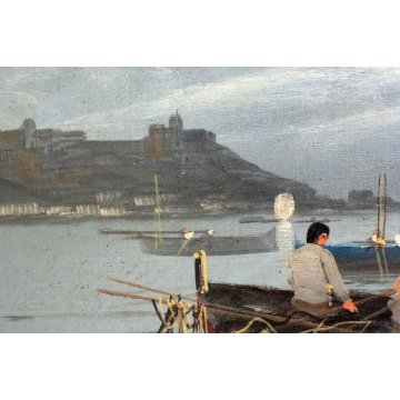 ANTICO GRANDE QUADRO OLIO TELA M. Galanti MARINA ALBA NAPOLI PESCATORI BARCHE 