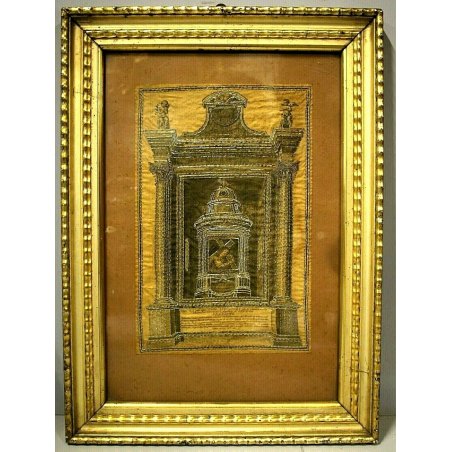GRANDE QUADRO RELIGIOSO RITRATTO S.S.mo Salvatore STAMPA su SETA RICAMO ARGENTO