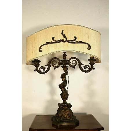 LAMPADA TAVOLO CANDELABRO BRONZO ELETTRIFICATO PARALUME 2 BRACCI 2 LUMI ART DECO