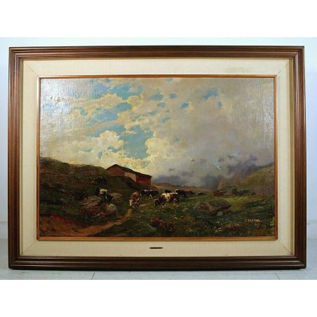 GRANDE QUADRO OLIO L. Roda PAESAGGIO ALPEGGIO MONTAGNA BAITA MUCCHE PASCOLO 1917