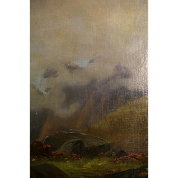 GRANDE QUADRO OLIO L. Roda PAESAGGIO ALPEGGIO MONTAGNA BAITA MUCCHE PASCOLO 1917