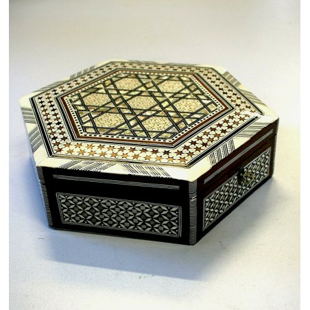 SCATOLA VINTAGE ESAGONALE LEGNO INTARSIATO OSSO MADREPERLA INTERNO FODERATO
