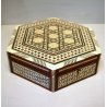 SCATOLA VINTAGE ESAGONALE LEGNO INTARSIATO OSSO MADREPERLA INTERNO FODERATO