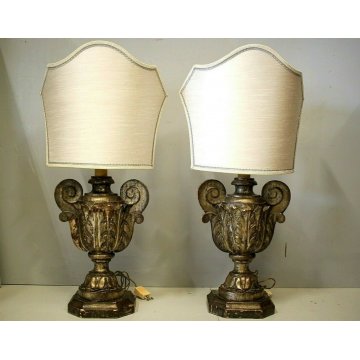 COPPIA PORTAPALME LEGNO INTAGLIATO FOGLIE ACANTO ORO LAMPADA PARALUME '700/'800