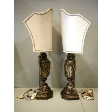 COPPIA PORTAPALME LEGNO INTAGLIATO FOGLIE ACANTO ORO LAMPADA PARALUME '700/'800