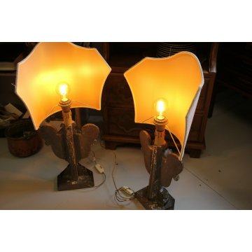 COPPIA PORTAPALME LEGNO INTAGLIATO FOGLIE ACANTO ORO LAMPADA PARALUME '700/'800
