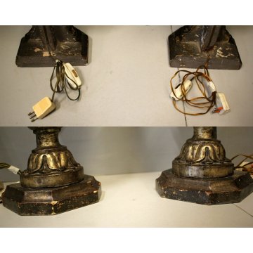 COPPIA PORTAPALME LEGNO INTAGLIATO FOGLIE ACANTO ORO LAMPADA PARALUME '700/'800