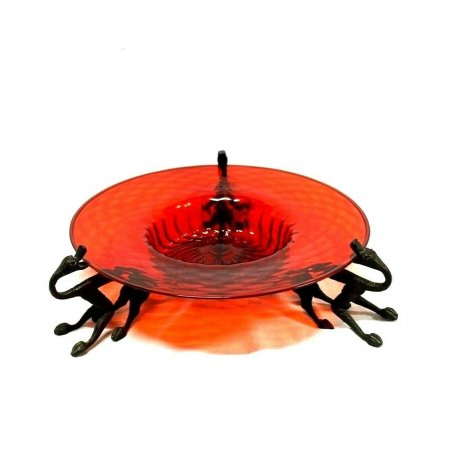 ANTICO PIATTO VETRO MURANO ROSSO RUBINO V. Zecchin ALZATA FERRO BATTUTO ART DECO