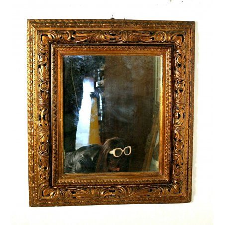 ANTICA SPECCHIERA SPECCHIO PARETE CORNICE LEGNO TRAFORATA DORATA FOGLIE BAROCCO