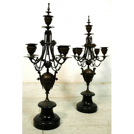 COPPIA ANTICO CANDELABRO CANDELIERE 4 BRACCI 5 CANDELE BRONZO MARMO NERO '800.